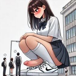 ai_generated big_penis blush crouching futa_is_bigger futadom futanari giantess kneesocks large_penis light-skinned_futanari light_skin penis size_difference skirt sneakers spalela