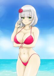 1girls 2d 2d_(artwork) ale_131 alternate_breast_size alternate_costume alternate_version_available arm_under_breasts belly belly_button big_breasts bikini bikini_bottom bikini_top bra cleavage clouds day female female_focus female_only flower flower_in_hair front_view genshin_impact green_eyes grey_hair high_resolution highres hoyoverse light-skinned_female light_skin looking_back navel noelle_(genshin_impact) ocean outdoors red_bikini red_bikini_bottom red_bikini_top red_bra red_swimsuit red_thong sexy short_hair sky slim_girl smiling smiling_at_viewer solo solo_female solo_focus standing summer swimsuit thong thong_bikini two_piece_swimsuit voluptuous voluptuous_female water young younger_female younger_male