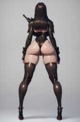 1girls ai_generated ass ass_focus back_view breasts freyna_(the_first_descendant) high_heels league69 leotard long_hair solo standing the_first_descendant thighhighs thighs white_background