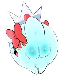 anus black_eyebrows black_eyes blue_body boo_(mario) bow_ribbon crown eyebrows female ghost ghost_tail lady_bow mario_(series) nintendo open_smile ota_(artist) paper_mario plump_labia presenting_hindquarters pussy queen rear_view red_tongue royalty silver_crown simple_background solo tongue transparent_background waddling_head x_anus