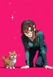 1girls ai_generated brown_hair feline full_body glasses hanging_breasts kneeling mari_illustrious_makinami medium_breasts neon_genesis_evangelion open_mouth pink_background shoppy smile