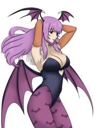 arms_behind_back bat_print bat_wings breasts capcom circe_(sayo-tr) cleavage cosplay covered_navel curvaceous curvaceuous darkstalkers female large_breasts leotard mature_female milf morrigan_aensland morrigan_aensland_(cosplay) no_watermark original original_character pantyhose purple_eyes purple_hair sayo-tr skimpy_clothes skin_tight smile solo tagme transparent_background wings