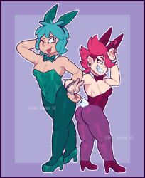 bunny_ears bunnysuit evil_eve_bs_(artist) jet_(patatero69) latex latex_clothing latex_gloves lesbian_couple mint_(patatero69) simple_background