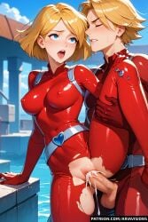 ai_generated ariavisions blue_eyes clover_(totally_spies) cum_in_pussy red_bodysuit standing_on_one_leg standing_sex totally_spies yellow_hair