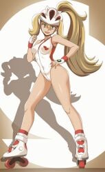 female full_body gloves green_eyes gym_leader hand_on_hip helmet korrina_(pokemon) long_legs looking_at_viewer one-piece_swimsuit pokemon_xy pony_tail roller_skates simple_background solo twintails vivivoovoo