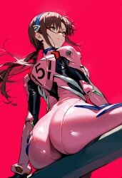 1girls ai_generated ass ass_focus brown_hair female female_only glasses hairband looking_at_viewer looking_back mari_illustrious_makinami neon_genesis_evangelion ponytail rear_view red_background shoppy simple_background sitting smile