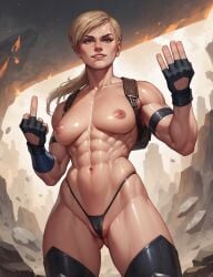 abs ai_generated athletic athletic_female blonde cassie_cage middle_finger mortal_kombat mortal_kombat_11 muscle_girl muscular muscular_female sfmlover22 stable_diffusion