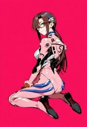 1girls ai_generated ass brown_hair full_body glasses kneeling looking_back mari_illustrious_makinami neon_genesis_evangelion plugsuit red_background shoppy smile