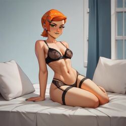 ai_generated ben_10 green_eyes gwen_tennyson lingerie looking_at_viewer orange_hair seductive