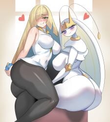 2girls anthro ass bedroom_eyes big_ass blonde_hair breasts bubble_butt clothing fat_ass female female_only green_eyes hair_over_one_eye half-closed_eyes human large_ass licking licking_lips looking_at_viewer looking_back lusamine_(pokemon) milf mother pheromosa pokemon pokemon_(species) thick_ass thick_thighs wide_hips ytrall