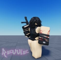 1boy 3d 3d_(artwork) big_ass big_butt big_thighs bodysuit femboy femboy_only gun huge_ass lex_(xr_revvie) roblox robloxian solo solo_focus tactical_gear thick_ass thick_thighs ump45 xr_revvie