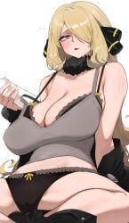 1girls big_breasts blonde_hair blush bow_bra bow_panties bra breasts cynthia_(pokemon) female female_focus female_only game_freak grey_eyes hair_ornament hair_over_one_eye hi_res high_resolution highres hizake huge_breasts inner_thighs kashu_(hizake) light-skinned_female light_skin long_hair looking_at_viewer nintendo open_mouth overflowing_breasts panties pokemon pokemon_(game) pokemon_dppt pokemon_trainer revealing_clothes sagging_breasts simple_background sitting solo solo_focus sweat white_background