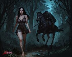 ai_generated aibond black_hair breasts female light-skinned_female mascara_tears monster nightie nipples_visible_through_clothing purple_eyes running the_witcher_(series) the_witcher_3:_wild_hunt transparent_clothing yennefer