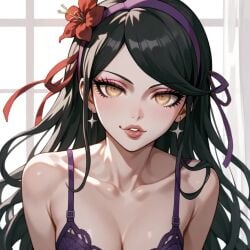 ai_generated bare_shoulders danganronpa fanganronpa female flower_in_hair hairband hyper!_danganronpa_h20:_abandon_all_hope kanako_kami light-skinned_female lingerie looking_at_viewer purple_eyes purple_lingerie seductive_look