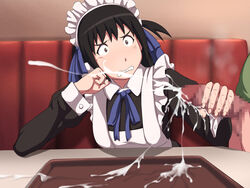 arashiyama_hotori bangs black_hair bottomless breasts brown_eyes censored chin_rest clenched_teeth closed_mouth clothing cum cum_explosion cumshot ejaculation female hair_ribbon handjob highres indoors looking_at_viewer maid maid_headdress maku_(l-u) mosaic_censoring penis ribbon short_hair side_ponytail sitting solo_focus soredemo_machi_wa_mawatteiru standing table