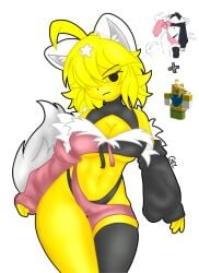 1girls artist_signature belly_button bikini black_stocking carla carla_roblox chez-arts collaboration commission noob oversized_clothes reference_image roblox roblox_avatar self_upload tagme white_ears white_tail yellow_body yellow_hair