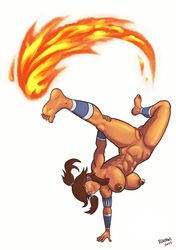 1girls abs armband avatar_legends barefoot blue_eyes breasts brown_hair clitoris clitoris_piercing clitoris_ring color dark-skinned_female dark_skin digital_media_(artwork) feet female female_only fire firebending flame genital_piercing handstand human korra large_breasts muscular navel navel_piercing nickelodeon nipple_piercing nipple_rings nipples nude piercing ponytail pussy ring rivawi shaved_pussy smooth_skin solo the_avatar the_legend_of_korra tied_hair toe_ring vaginal_piercing water_tribe white_background wristband