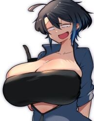 1girls 30th_video_rentals alternate_breast_size bedroom_eyes big_breasts black_hair blush bra breasts breasts_bigger_than_head busty chuuko_rental cleavage closed_eyes clothing color curvy enormous_breasts female female_only gigantic_breasts grin half-closed_eyes huge_breasts hyper hyper_breasts indie_virtual_youtuber jumpsuit kataochi_chuuko kataoti_30 large_breasts light-skinned_female light_skin looking_at_viewer massive_breasts mob_face nakako_kataochi plump short_hair simple_background smile solo top_heavy virtual_youtuber vtuber