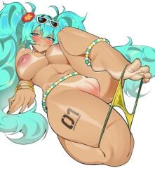 1girls beads big_breasts bikini bikini_bottom bikini_bottom_around_leg bikini_bottom_down blue_eyes blue_hair bracelets brazilian_miku breasts breasts_out female flower flower_in_hair hatsune_miku hibiscus kichiro_haru_(artist) nail_polish panties_around_leg puffy_nipples pussy pussy_juice pussy_juice_string serial_number solo sunglasses tanline tattoo teal_hair