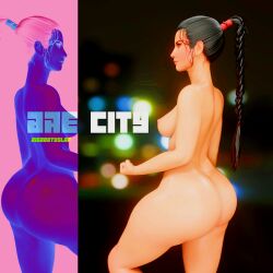 1girls 2girls album_cover alternate_hairstyle ass big_ass bigbootyslap braided_hair city city_background dead_or_alive fist momiji_(ninja_gaiden) ninja_gaiden nude nude_female pink_background ponytail thick_thighs thighs third-party_edit