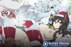 2girls :o ahri anal_beads animal_ears artist_name bell blue_eyes blush body_fur breasts brown_hair butt_plug censored commentary covered_nipples english_commentary fox_ears furry furry_female grey_hair hat holding holding_sex_toy imminent_anal imminent_penetration kindred kumiho kyuubi lamb_(league_of_legends) large_breasts league_of_legends long_hair medium_breasts mosaic_censoring multiple_girls multiple_tails nail_polish neck_bell no_mask oerba_yun_fang orange_eyes patreon_logo patreon_username pussy red_hat red_nails red_thighhighs riot_games santa_hat sex_toy sheep_ears sheep_tail slit_pupils smile sollyz tail thighhighs web_address