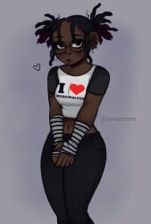 1girls artist_name black_fingernails dark-skinned_female dark_skin female fingerless_gloves glasses goth halloween heart kuma_(kumasncreme) kumasncreme looking_at_viewer midriff solo