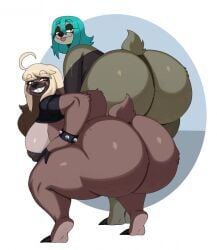 2022 anthro ass big_breasts big_butt big_nipples blonde_hair blue_hair bottomless breasts brown_hair clothed clothing crouching duo female hair hi_res huge_breasts huge_butt huge_nipples humanoid jazzy_(xingscourge) looking_back mammal multicolored_hair nella_(sssonic2) nipples pilosan simple_background sloth smile sssonic2 three-toed_sloth twerking two_tone_hair xenarthran