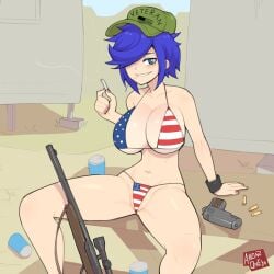 american_flag_bikini amonzone bikini blue_eyes blue_hair blue_hair_over_one_eye bluehleg_bikini cap cartoon_network child_bearing_hips cigarette curvaceous curvy ed_edd_n_eddy female female_focus female_only gun handgun large_breasts light-skinned_female marie_kanker short_blue_hair short_hair sniper_rifle