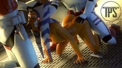 1girls 2boys 3d 3d_animation ahsoka_tano alien alien/human alien_girl all_fours animated armor ass ass_grab clone_trooper clothed_male_nude_female completely_nude completely_nude_female doggy_style fellatio female female_penetrated from_behind from_behind_position guided_fellatio hand_on_head lekku lekku_(anatomy) lightsaber male mmf_threesome naked naked_female nude nude_female oral oral_penetration oral_sex orange-skinned_female orange_body orange_skin penetration penis sex sound sound_effects spitroast star_wars tagme threesome timpossible video