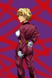 1girls ass big_ass big_breasts blonde_hair blue_eyes busty clothed curvaceous curvy curvy_body curvy_female curvy_figure earrings female from_behind gloves king_(snk) king_of_fighters light-skinned_female light_skin long_sleeves looking_back pants short_hair suit thighs thin_waist voluptuous voluptuous_female white_gloves white_shirt wide_hips