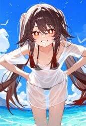 1girls ai_generated blue_sky brown_hair genshin_impact hands_on_hips hu_tao_(genshin_impact) red_eyes small_breasts smile swimsuit t-shirt teeth wet_clothes