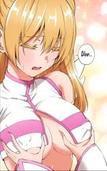 2.5_jigen_no_ririsa amano_ririsa bare_belly bare_shoulders big_breasts blush breasts closed_eyes cosplay detached_sleeves hashimoto_yuu liliel_(cosplay) long_hair manga nonoa_(2.5_jigen_no_ririsa) official_art open_mouth orange_hair sweatdrop touching_breast twintails underboob yuri