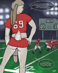 anthro ass balls big_penis color crossdressing english_text football football_field fur furry gay hair half-erect lagomorph male miniskirt no_humans penis pulsar rabbit short_skirt skirt solo_focus tail text uncut watermark