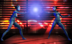 2girls 3d alien areolae asari battle blue_eyes blue_skin breasts catfight curvy duo erect_nipples female female_only fight large_breasts mass_effect mass_effect_2 milf morinth mother mother_and_daughter mpd navel nipples nude parent pussy samara vittorio