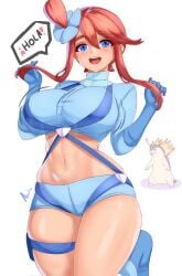 ! 1girls 2024_pokemon_teraleak :d anisdrawn blue_eyes blue_footwear blue_shirt blue_shorts boots breasts crop_top english_commentary female highres large_breasts latina long_hair looking_at_viewer midriff navel open_mouth pokemon pokemon_(creature) pokemon_bw red_hair shirt short_shorts shorts sidelocks simple_background skyla_(pokemon) smile speech_bubble stomach thigh_strap thighs typhlosion white_background