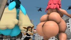 1futa 2girls 3d 3d_(artwork) aircraft animal_ears ass ass_focus balls ballsack black_dress blue_sky breasts brown_hair building city colored_skin completely_nude dark-skinned_female dark_skin day eevee from_behind furry furry_female futanari giant giantess glasses helicopter huge_ass lopunny multiple_girls nilfkana nintendo nude outdoors pink_hair pointy_ears pokémon_(species) pokemon shortstack skitty sky squatting yellow_fur