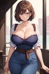 1woman adult ai_generated big_ass big_breasts blue_eyes brown_hair cleavage living_room looking_at_viewer original_character revealing_clothes serious_face solo standing thick_thighs voluptuous_female white_skin