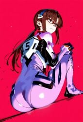 1girls ai_generated ass mari_illustrious_makinami neon_genesis_evangelion plugsuit red_background shoppy sitting smile