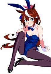 ai_generated animal_ears brown_hair bunnysuit female horse_girl pony_tail ribbon tokai_teio_(umamusume) two_tone_hair umamusume umamusume_pretty_derby