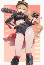 artist_name bat blonde_hair jacket looking_at_viewer looking_down luciana_de_montefio lucy_(zenless_zone_zero) mole mole_on_thigh ponytail thick_thighs thighs zenless_zone_zero