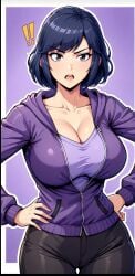 !!, !, 1girl, ai_generated bibi_(brawl_stars) black_hair, black_pants, border, brawl_stars breasts, cleavage, collarbone, cowboy_shot, hands_on_hips, hood, hoodie, jacket, large_breasts, long_sleeves, looking_at_viewer, open_mouth, outline, pants, purple_background, purple_hoodie, purple_jacket, shirt, short_hair, solo, teeth,