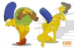 20th_century_fox 20th_century_studios 2girls bent_over biting_lip blue_hair breasts cunnilingus dress eating_pussy female female_focus female_only gosgoz grey_hair helen_lovejoy marge_simpson mature mature_female medium_breasts milf mother oral oral_sex pleasure_face the_simpsons yellow_body yellow_skin yuri