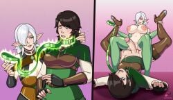 1futa 1girls amazon_position areolae athorment_oc balisk_oc big_breasts black_hair bottomless breasts clothed clothing dani_(balisk) duo elf elf_ears elf_female female femdom futa_on_female futanari futanari_transformation futasub green_eyes human humanoid jade_(raindle) jade_elf_(raindle) light-skinned_female light-skinned_futanari light_skin looking_at_penis magic nicoffee nipples nude partially_clothed penis raindle_oc short_hair tagme veiny_penis white_hair