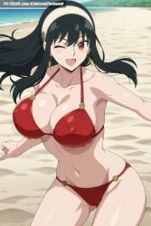 1girls ai_generated aindroidparanoid beach big_breasts bikini black_hair bouncing_breasts breasts busty cleavage covered_nipples curvy female female_only huge_ass huge_breasts huge_butt human large_ass large_breasts long_hair nipples ocean outdoors red_eyes solo spy_x_family stable_diffusion straight_hair swimsuit voluptuous yor_briar yor_forger