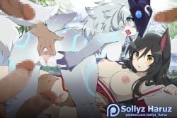 2girls :o ahri animal_ears artist_name bell blue_eyes blush body_fur breasts brown_hair commentary covered_nipples english_commentary fox_ears furry furry_female grey_hair hat imminent_penetration kindred kumiho kyuubi lamb_(league_of_legends) large_breasts league_of_legends long_hair medium_breasts multi_tail multiple_girls nail_polish neck_bell oerba_yun_fang orange_eyes patreon_logo patreon_username penis pussy red_hat red_nails red_thighhighs riot_games santa_hat sheep_ears sheep_tail slit_pupils sollyz spread_pussy spreading_another's_pussy tail tails thighhighs web_address