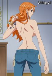 accurate_art_style ai_generated alluring anime_coloring arm_tattoo ass back_view blue_tattoo butt_crack curvy curvy_female female female_only hourglass_figure hourglass_figured_female huge_breasts large_breasts mature_female nami_(one_piece) one_piece orange-haired_female orange_hair pale_skin sexy shirtless shirtless_female sideboob solo solo_female solo_focus stickyai tattoo thick topless
