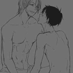 1:1 2boys gay male male_only monkey_d_luffy multiple_boys one_piece pixiv_manga_sample scar shanks sitting topless yaoi