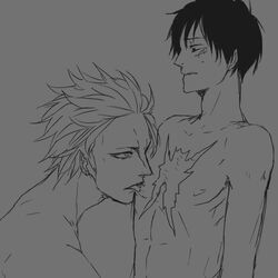 1:1 2boys eustass_kid gay male male_only monkey_d_luffy monochrome multiple_boys one_piece pixiv_manga_sample scar tongue topless yaoi