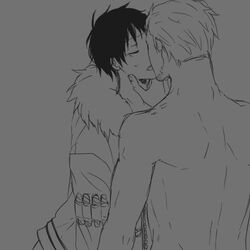 1:1 2boys age_difference cosplay costume_switch duo gay jacket kissing male male_only monkey_d_luffy monochrome multiple_boys one_piece pixiv_manga_sample scar smoker_(one_piece) smoker_(one_piece)_(cosplay) topless yaoi