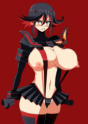 1girls areola black_hair black_legwear black_thigh_boots blush breasts busty cleavage female highlights hikora hourglass_figure kill_la_kill large_breasts matoi_ryuuko navel nipples pattern_legwear senketsu skirt solo standing suspenders thigh_boots voluptuous